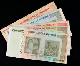 Lot of 5 Zimbabwe Hyperinflation Notes - Various Denoms Between 20,000 and 10 Billion Dollars! Grade