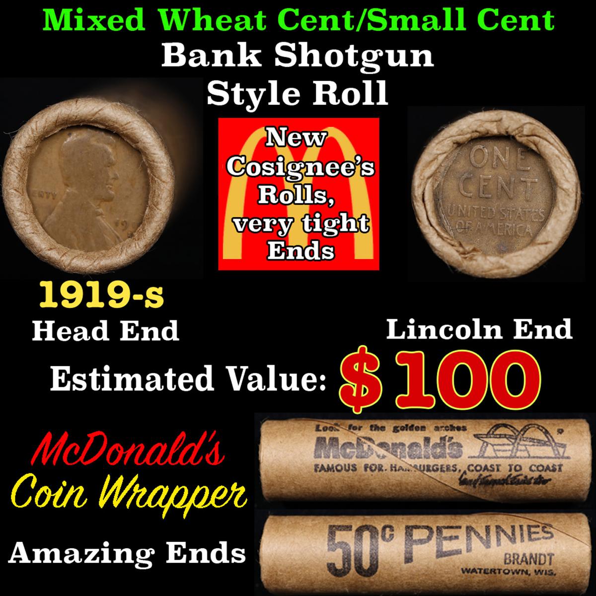 Lincoln Wheat Cent 1c Mixed Roll Orig Brandt McDonalds Wrapper, 1919-s end, Wheat other end