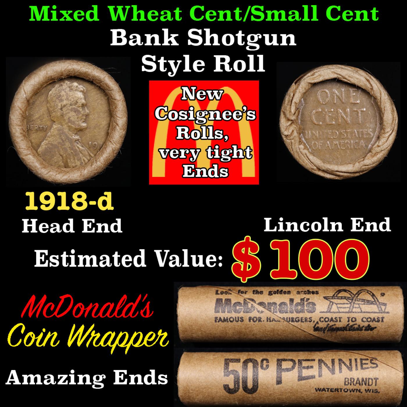 Lincoln Wheat Cent 1c Mixed Roll Orig Brandt McDonalds Wrapper, 1918-d end, Wheat other end