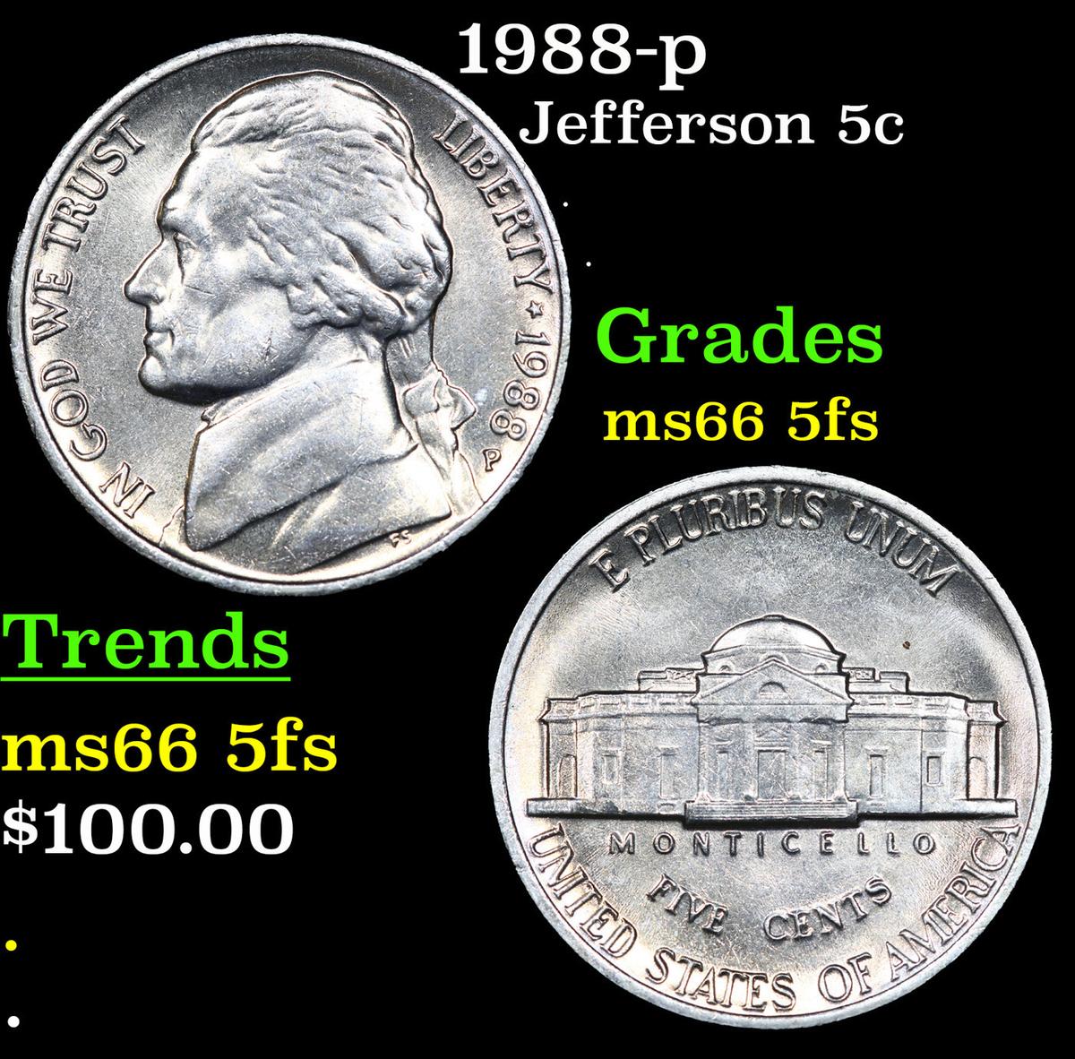 1988-p Jefferson Nickel 5c Grades GEM+ 5fs