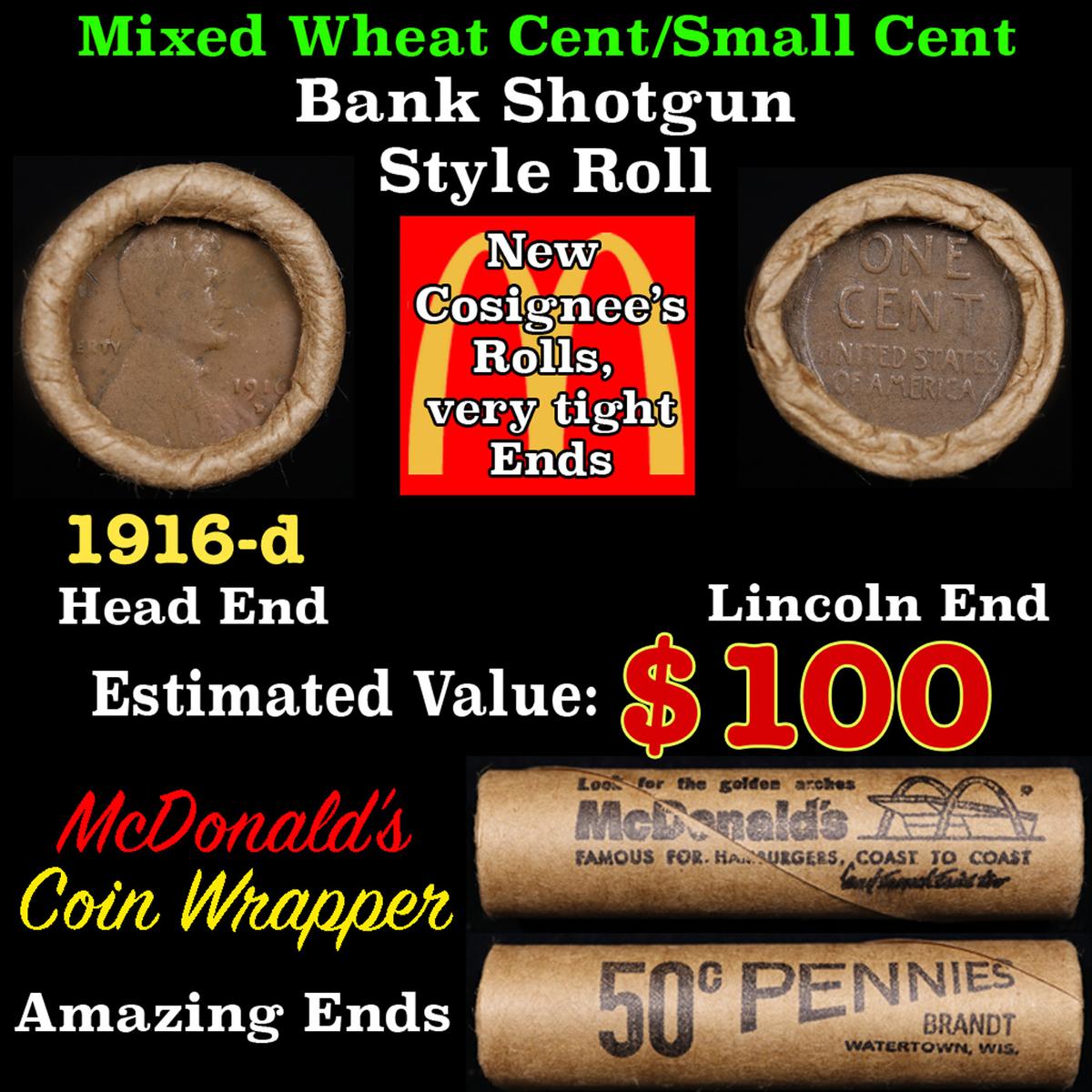 Lincoln Wheat Cent 1c Mixed Roll Orig Brandt McDonalds Wrapper, 1916-d end, Wheat other end