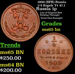 1909 (SPB) Russia 1/4 Kopek Y# 47.1 Grades GEM Unc BN