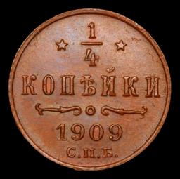 1909 (SPB) Russia 1/4 Kopek Y# 47.1 Grades GEM Unc BN