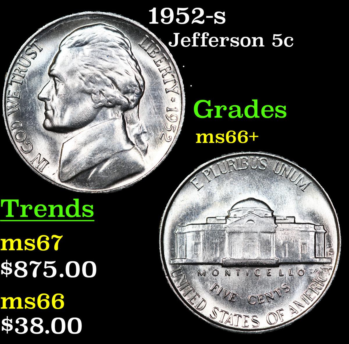 1952-s Jefferson Nickel 5c Grades GEM++ Unc