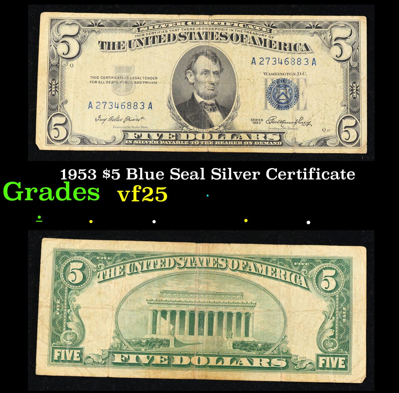 1953 $5 Blue Seal Silver Certificate Grades vf+