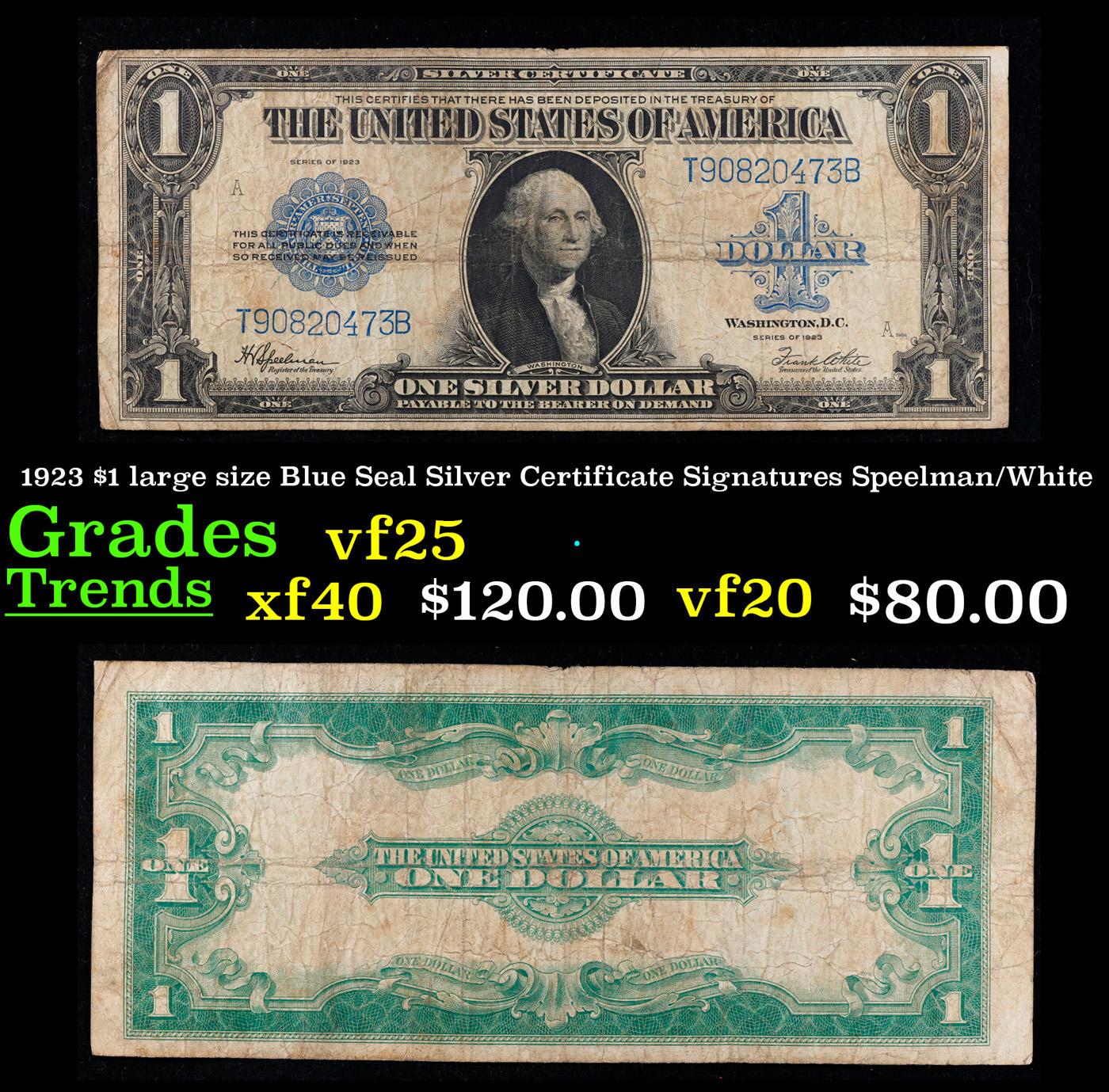 1923 $1 large size Blue Seal Silver Certificate Grades vf+ Signatures Speelman/White