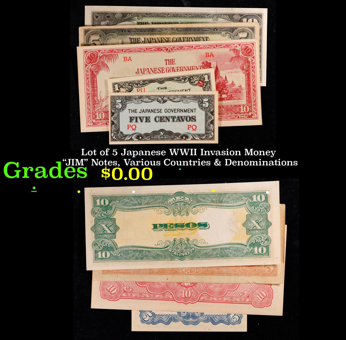 Lot of 5 Japanese WWII Invasion Money "JIM" Notes, Various Countries & Denominations Grades