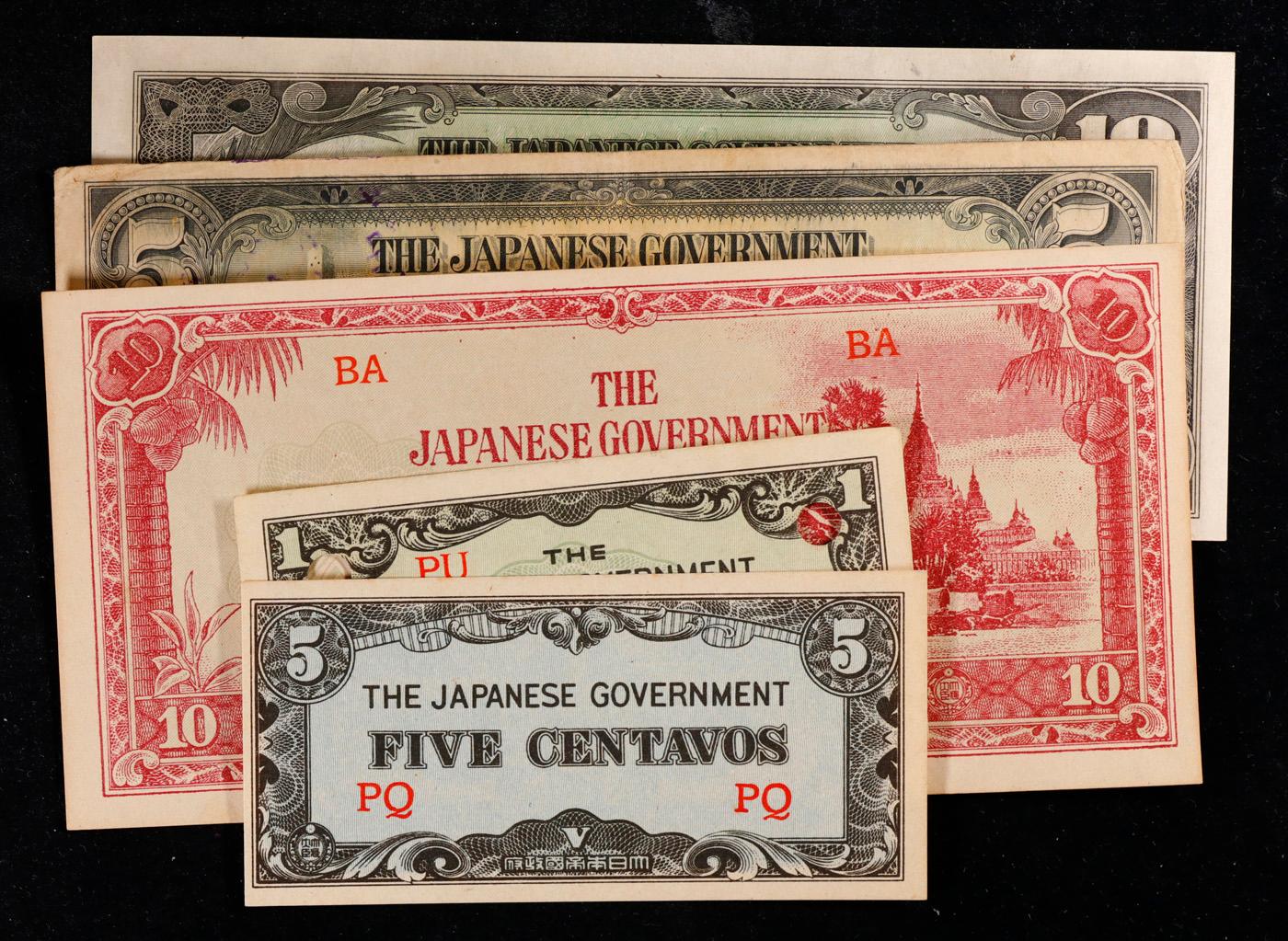 Lot of 5 Japanese WWII Invasion Money "JIM" Notes, Various Countries & Denominations Grades