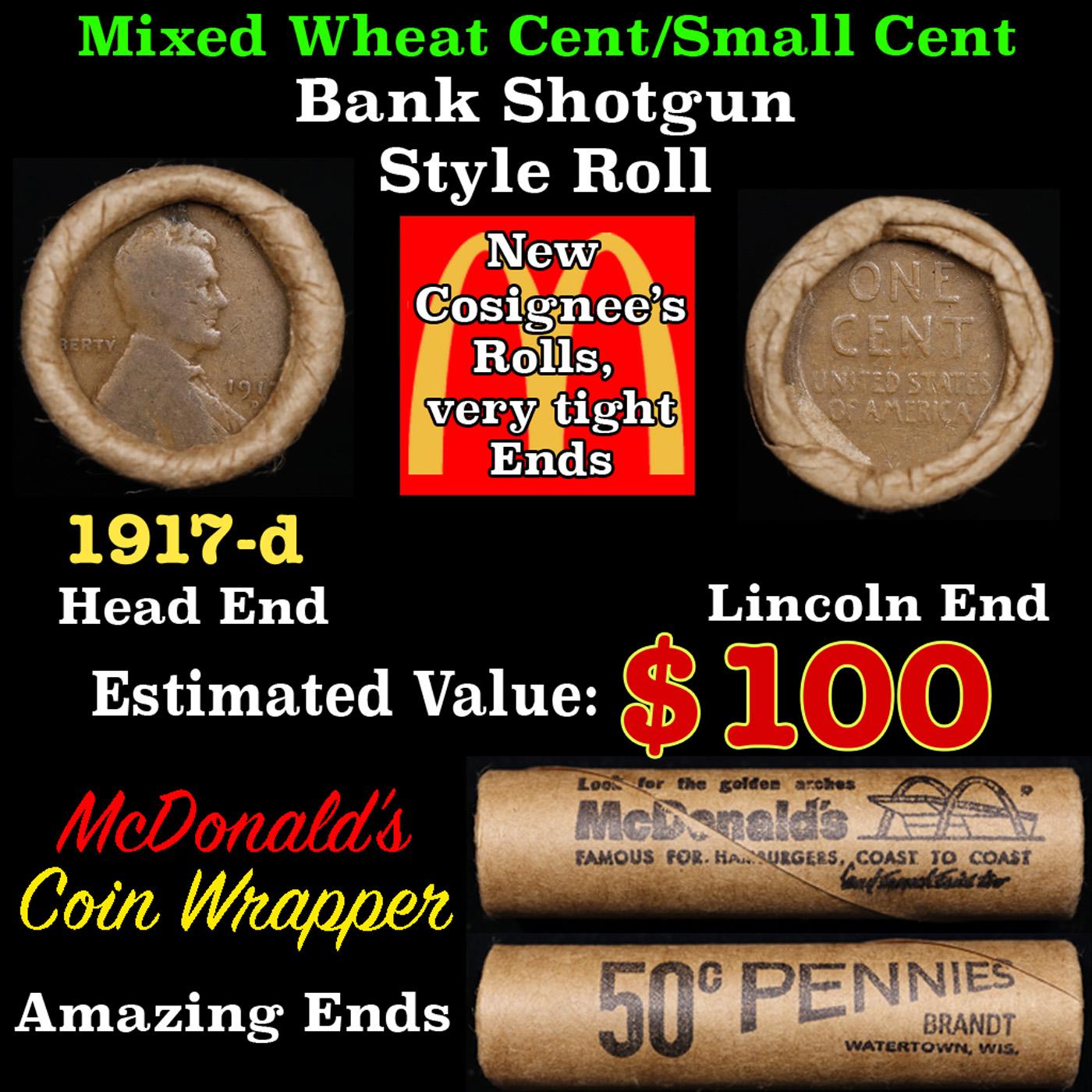 Lincoln Wheat Cent 1c Mixed Roll Orig Brandt McDonalds Wrapper, 1917-d end, Wheat other end