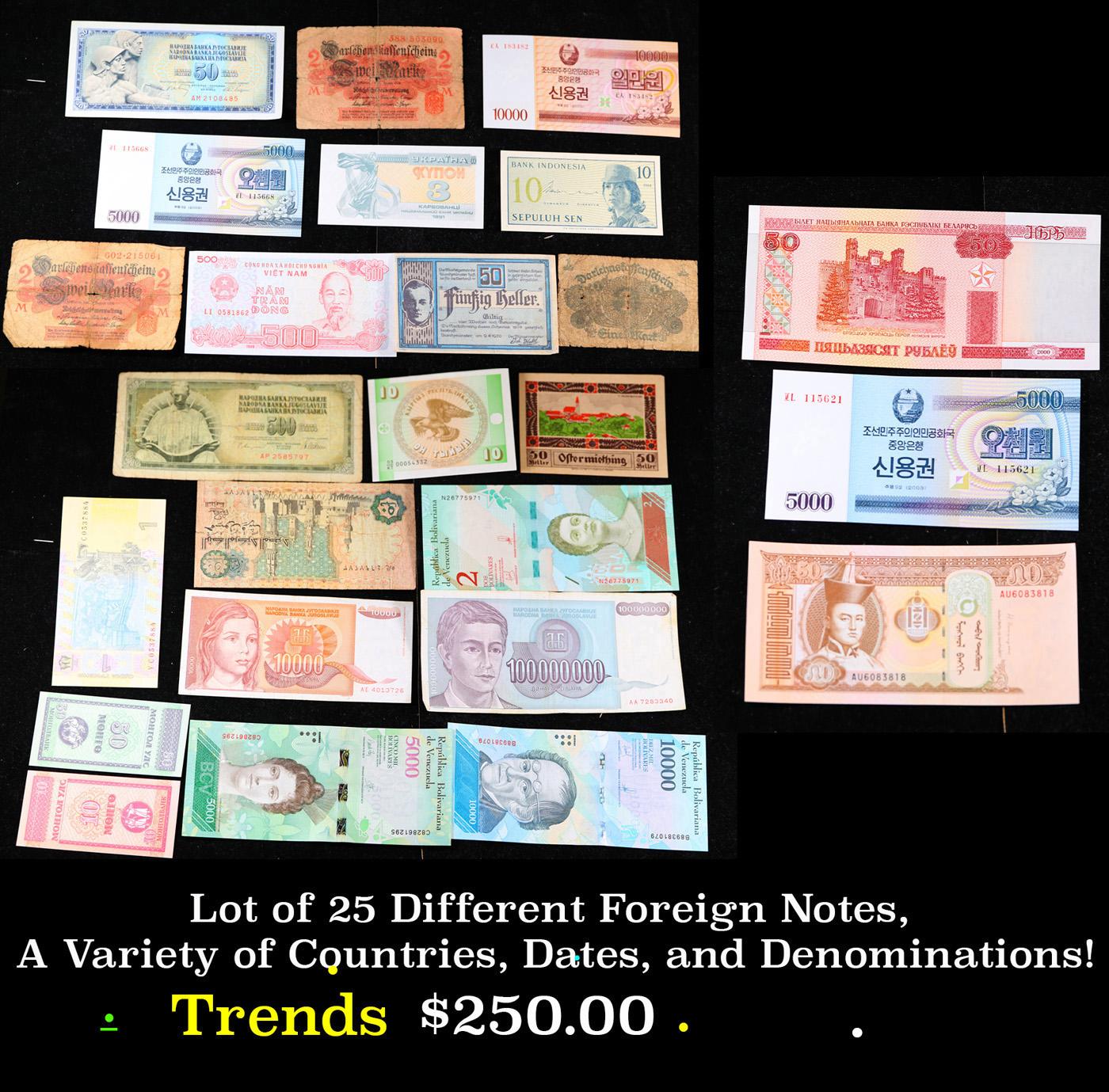 Lot of 25 Different Foreign Notes, A Variety of Countries, Dates, and Denominations!