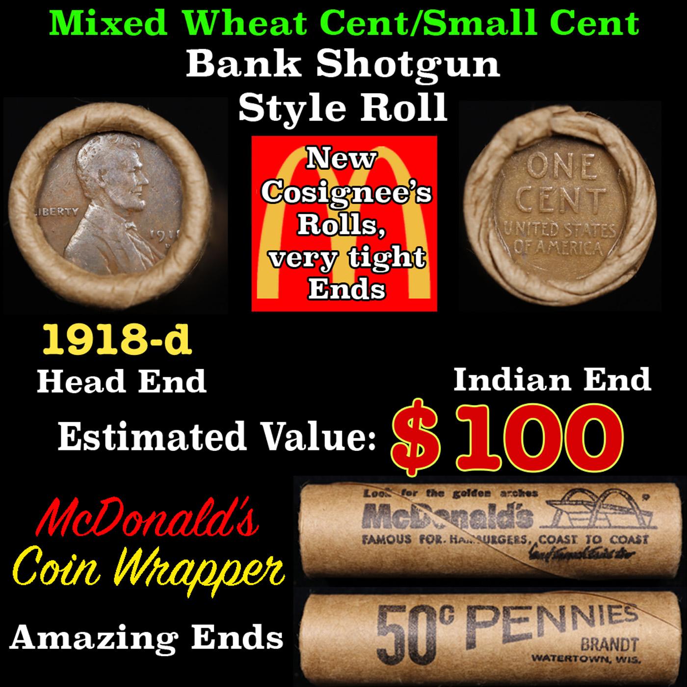 Lincoln Wheat Cent 1c Mixed Roll Orig Brandt McDonalds Wrapper, 1918-d end, Wheat other end