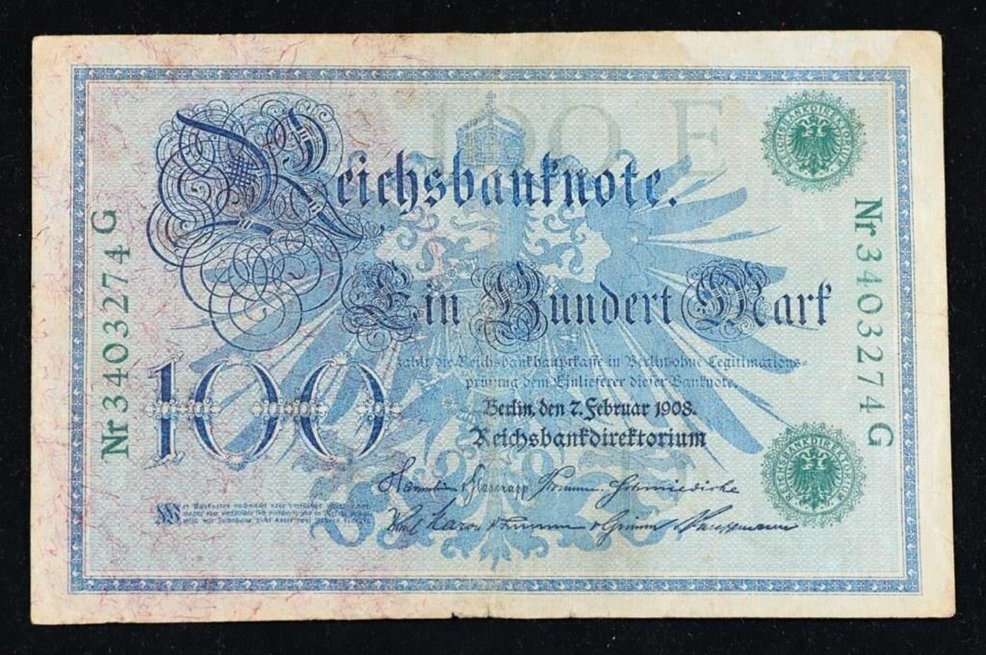 1908 Imperial germany 100 mark Note P# 34 Grades vf+