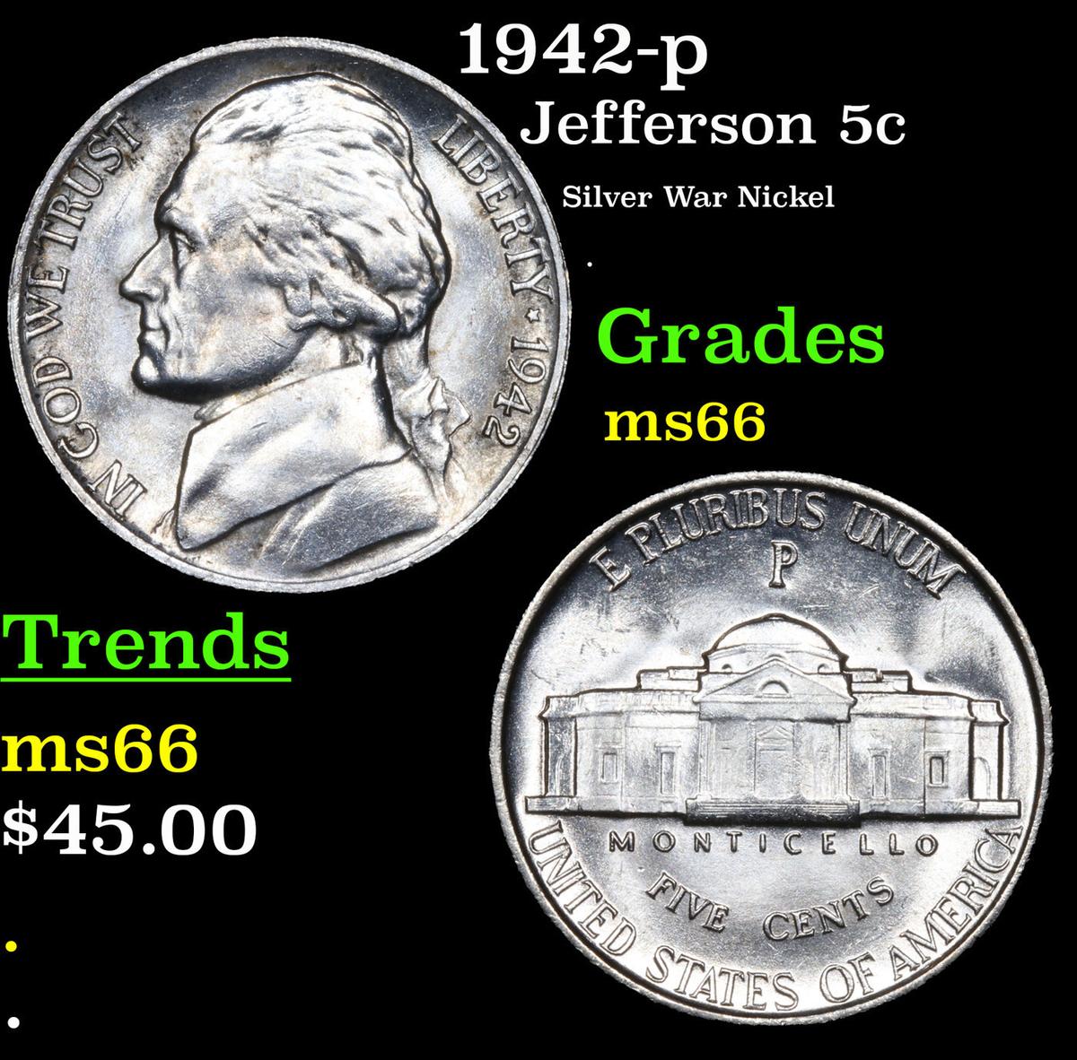 1942-p Jefferson Nickel 5c Grades GEM+ Unc