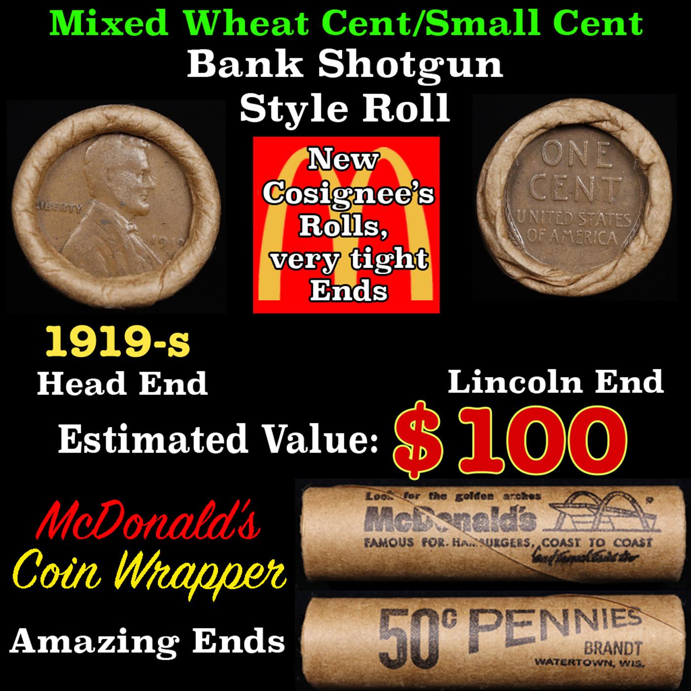 Lincoln Wheat Cent 1c Mixed Roll Orig Brandt McDonalds Wrapper, 1919-s end, Wheat other end