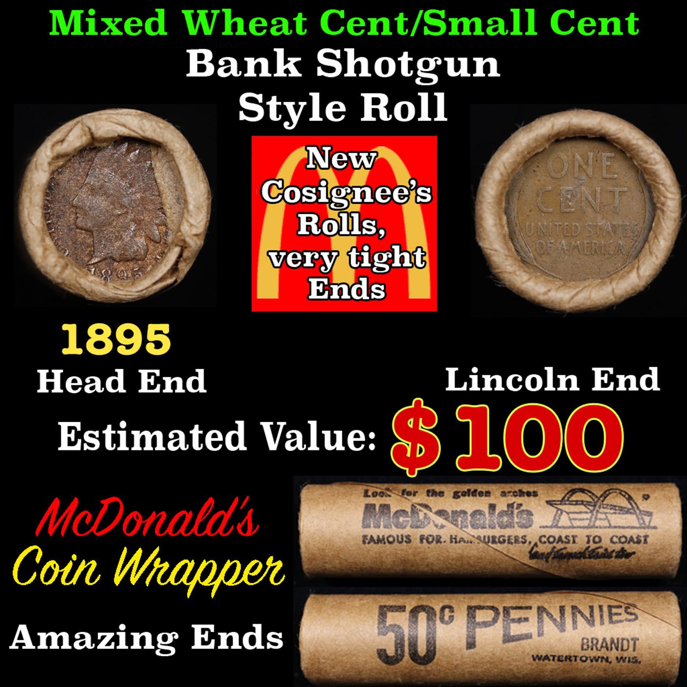 Lincoln Wheat Cent 1c Mixed Roll Orig Brandt McDonalds Wrapper, 1895 Indian end, Wheat other end