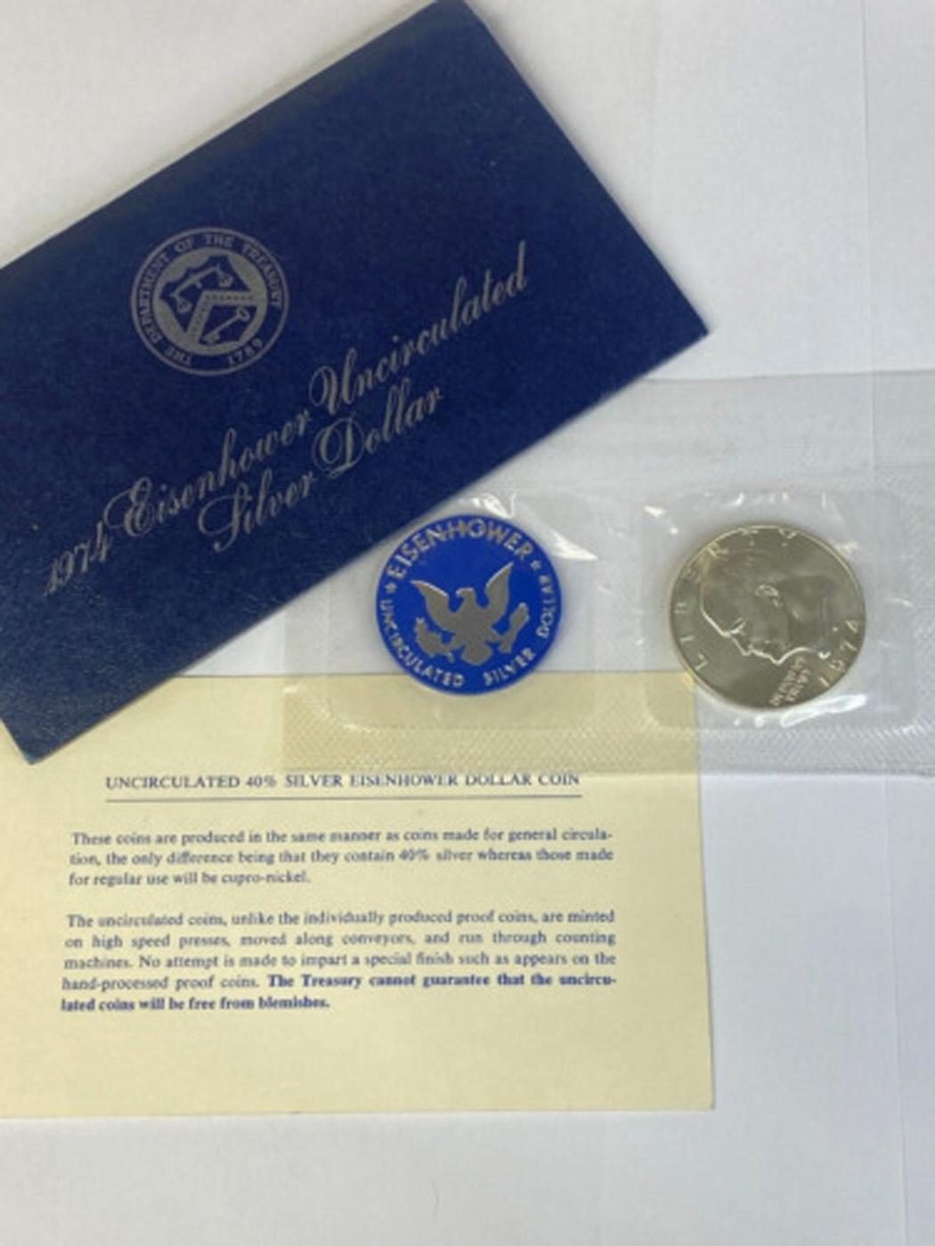 1974-s Silver Unc Eisenhower Dollar in Original Packaging with COA  "Blue Ike"