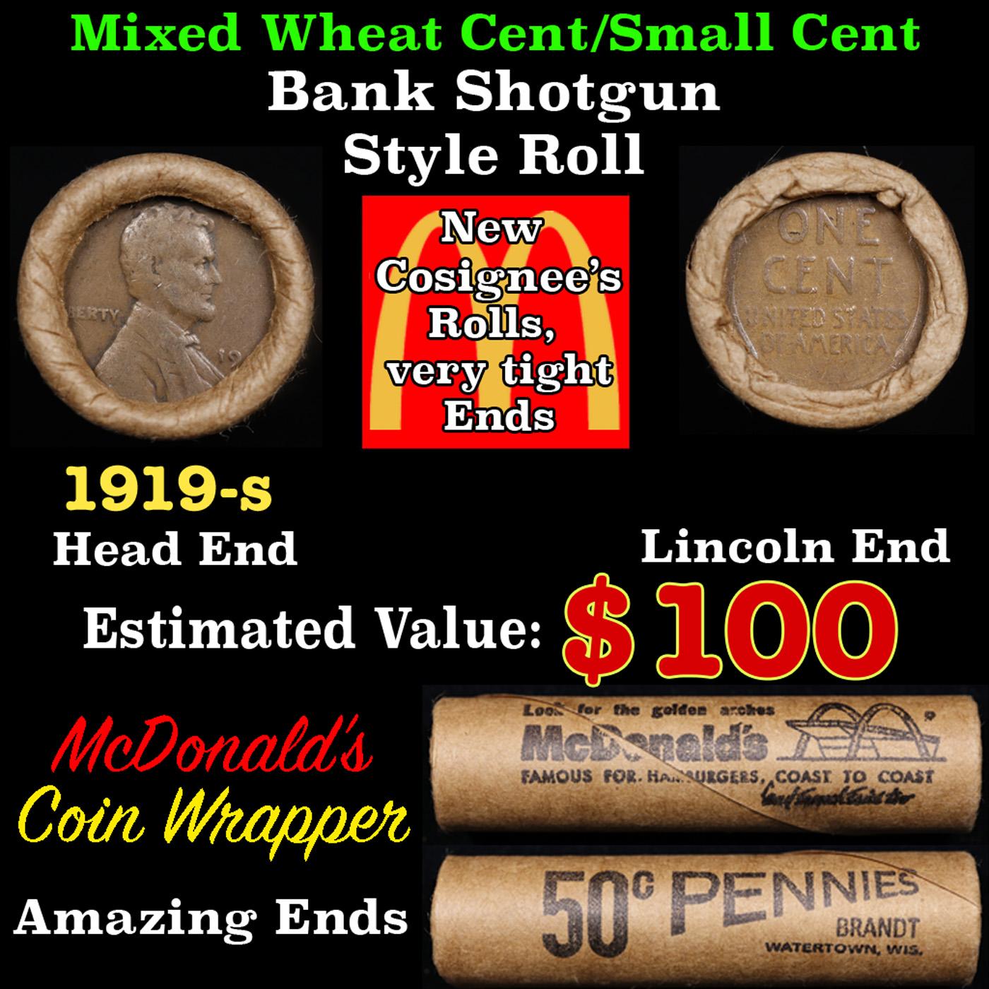 Lincoln Wheat Cent 1c Mixed Roll Orig Brandt McDonalds Wrapper, 1919-s end, Wheat other end