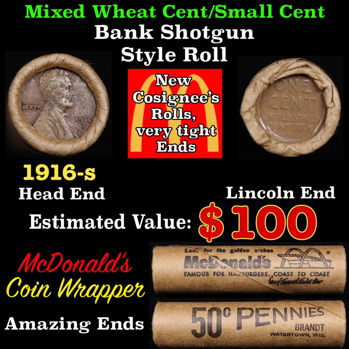 Lincoln Wheat Cent 1c Mixed Roll Orig Brandt McDonalds Wrapper, 1916-s end, Wheat other end