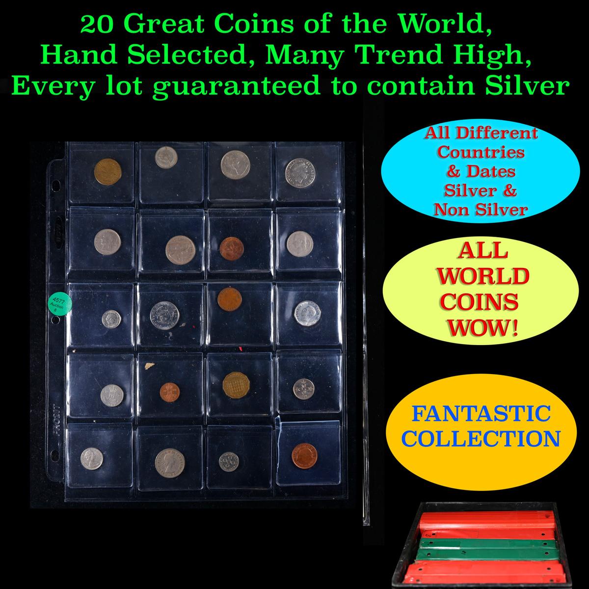 20 Great Coins of the World, hand selected, many trend high, every lot guaranteed to contain Silver.