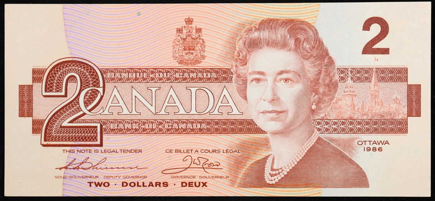 1986-1991 Canada 2 Dollars Banknote P# 94b, Sig. Thiessen & Crow Grades Select CU