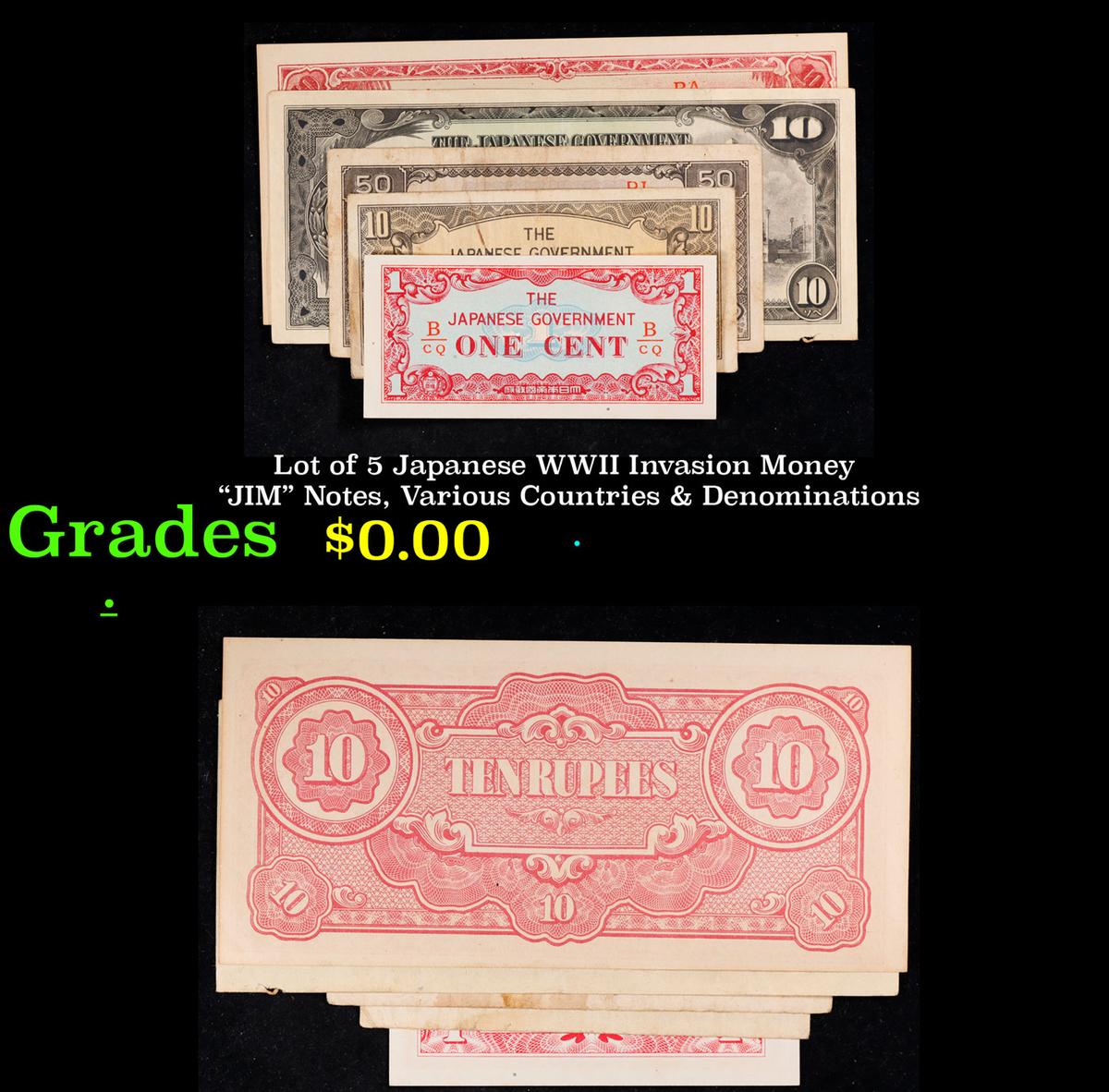 Lot of 5 Japanese WWII Invasion Money "JIM" Notes, Various Countries & Denominations Grades