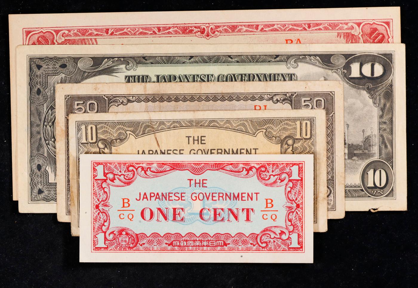 Lot of 5 Japanese WWII Invasion Money "JIM" Notes, Various Countries & Denominations Grades