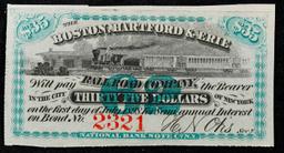 Civil War Era Boston, Hartford & Erie Railroad $35 Note Grades Select CU