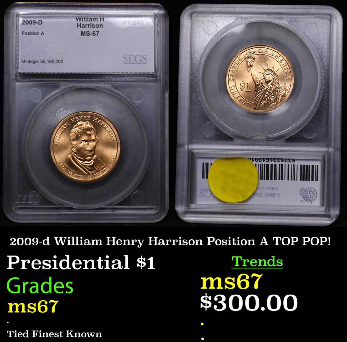 2009-d William Henry Harrison Position A Presidential Dollar TOP POP! 1 Graded ms68+ By SEGS