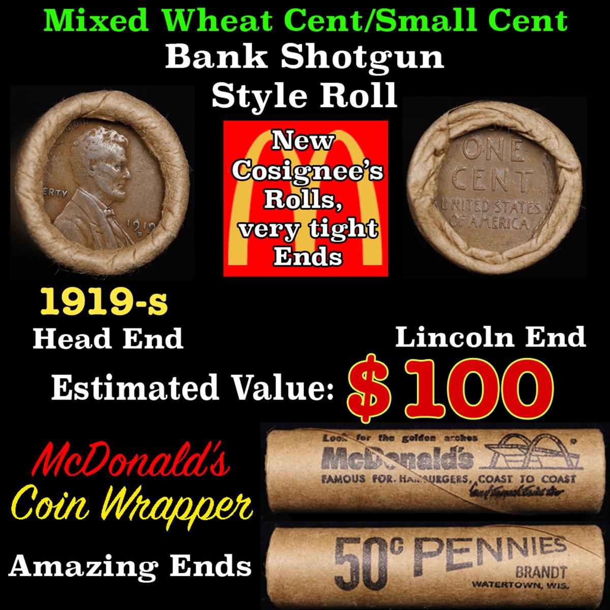 Lincoln Wheat Cent 1c Mixed Roll Orig Brandt McDonalds Wrapper, 1919-s end, Wheat other end