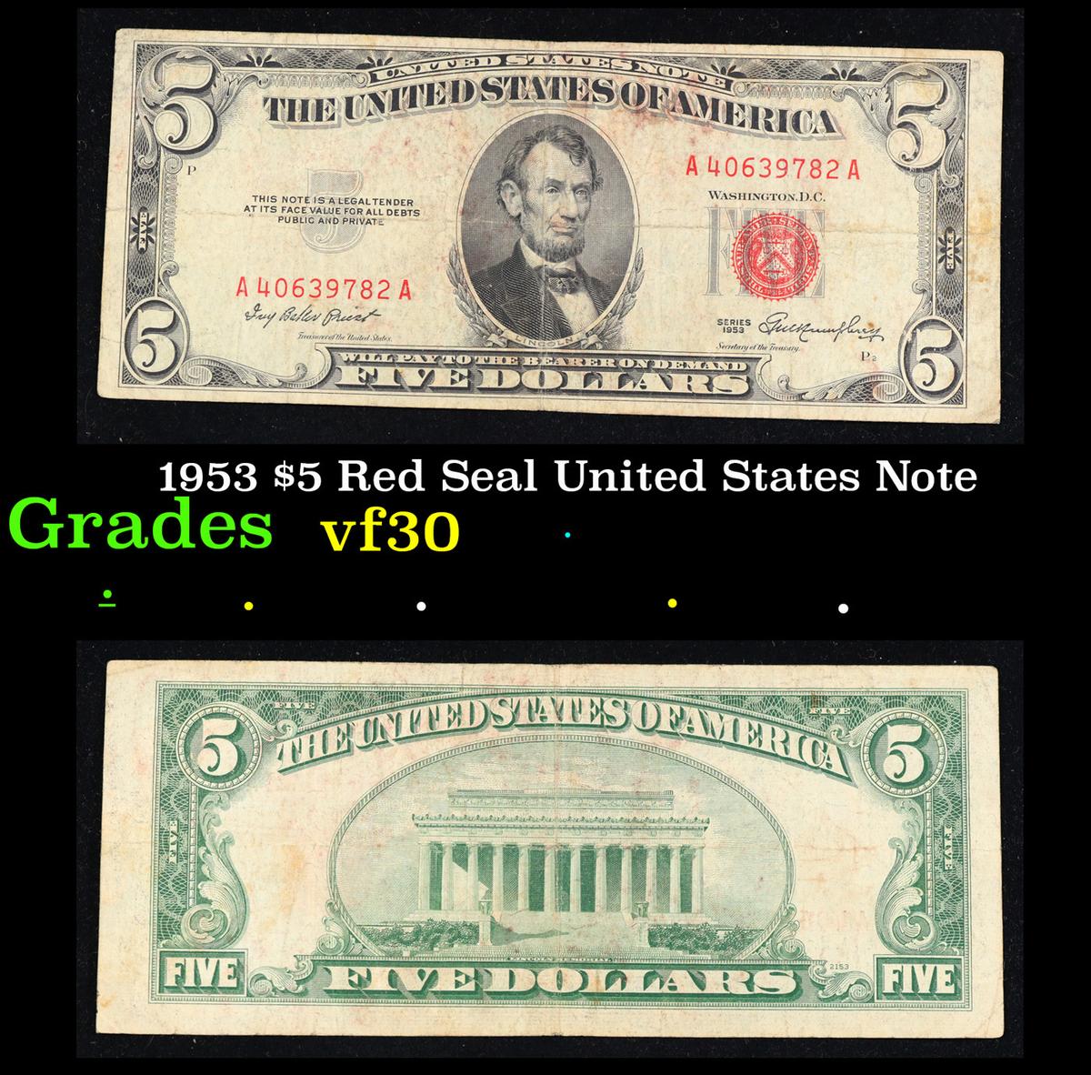 1953 $5 Red Seal United States Note Grades vf++