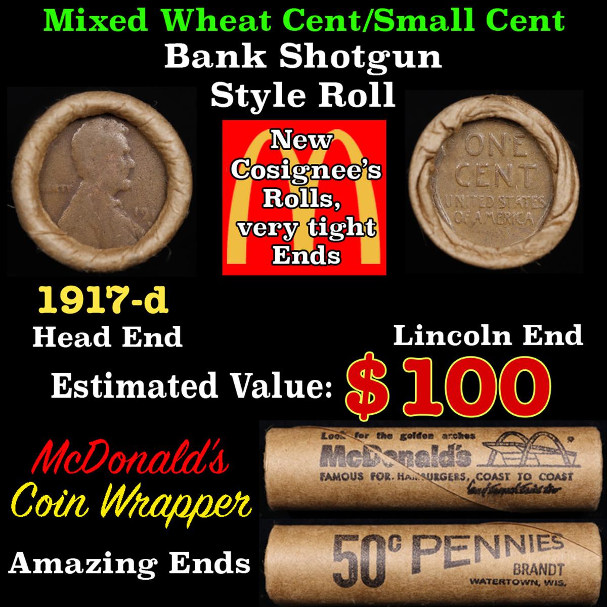 Lincoln Wheat Cent 1c Mixed Roll Orig Brandt McDonalds Wrapper, 1917-d end, Wheat other end