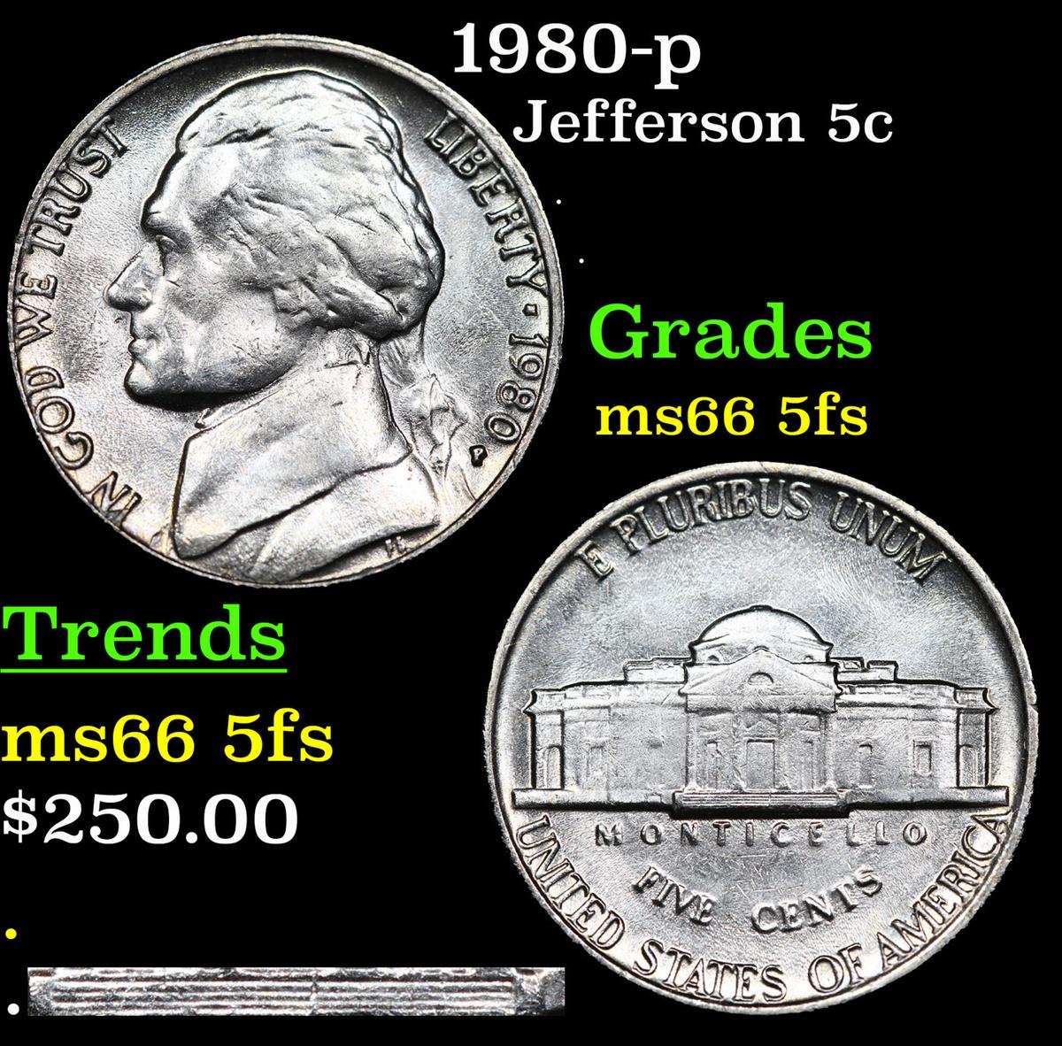 1980-p Jefferson Nickel 5c Grades GEM+ 5fs