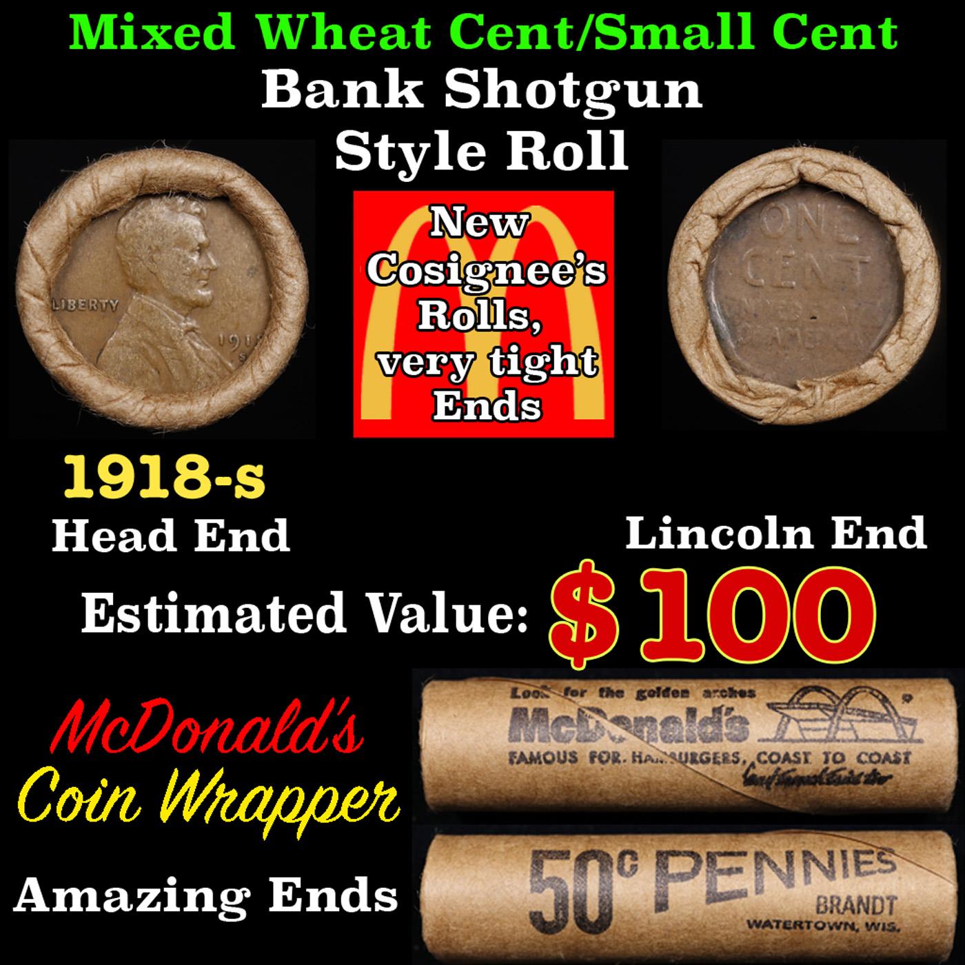 Lincoln Wheat Cent 1c Mixed Roll Orig Brandt McDonalds Wrapper, 1918-s end, Wheat other end