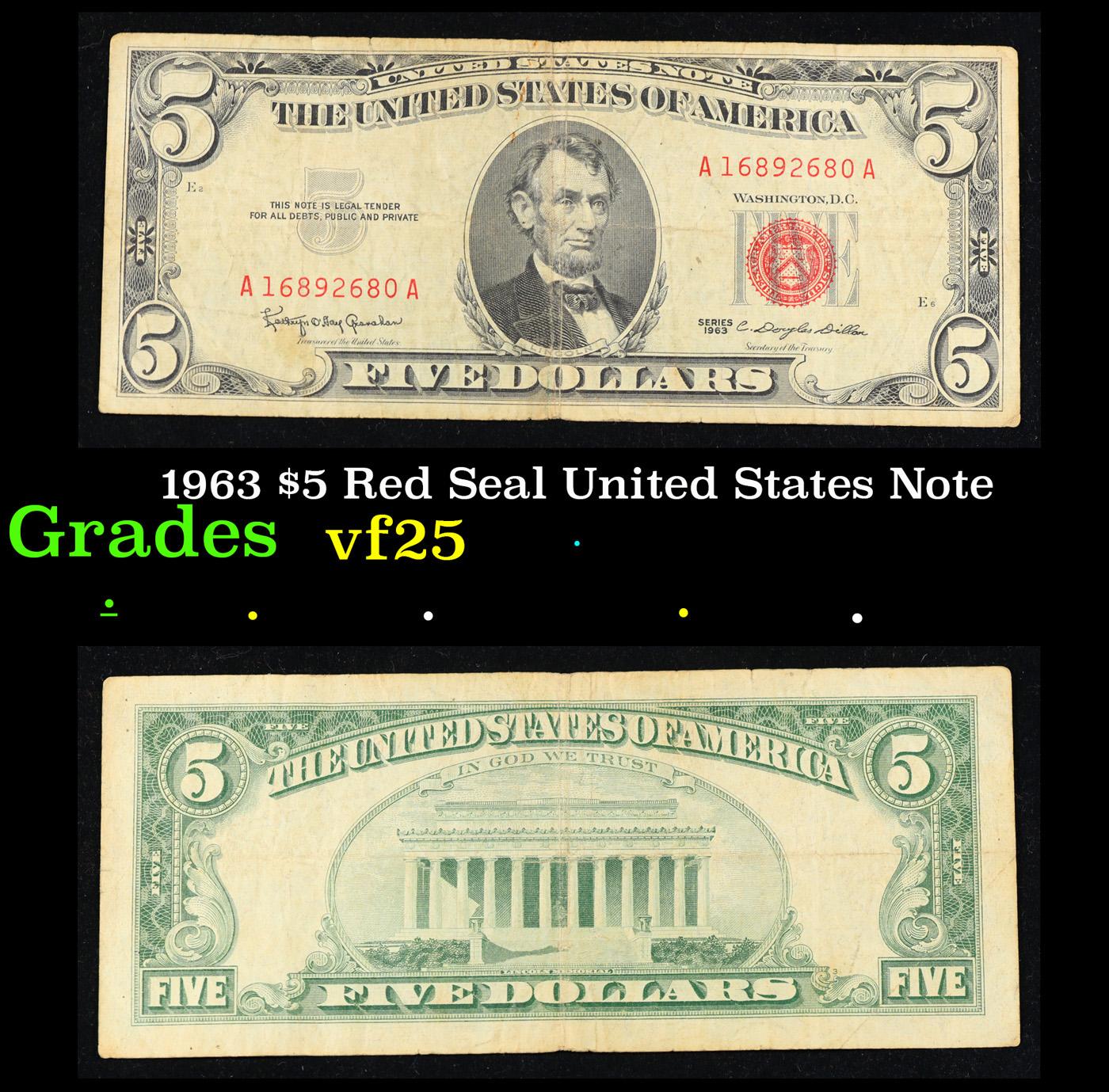 1963 $5 Red Seal United States Note Grades vf+