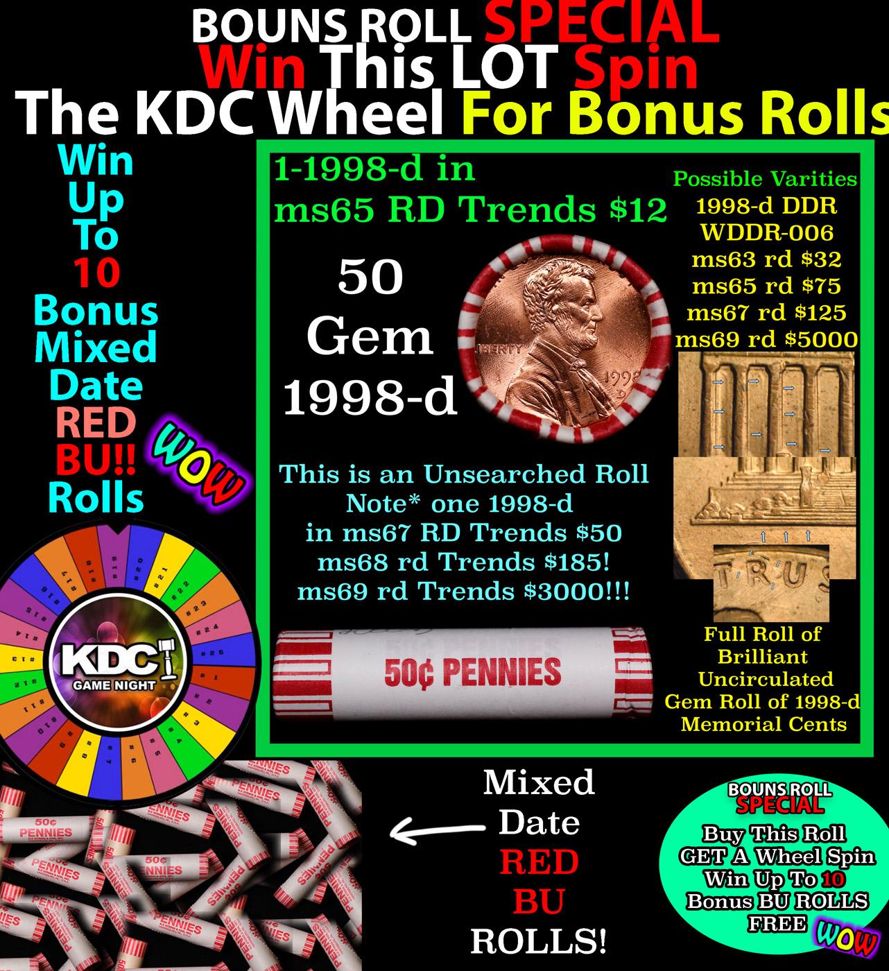 *BOGO* Buy This Great BU Red, 1998-d Shotgun Lincoln 1c Roll & Get 1 BU RED ROLL FREE. WOW!!! *BOGO*