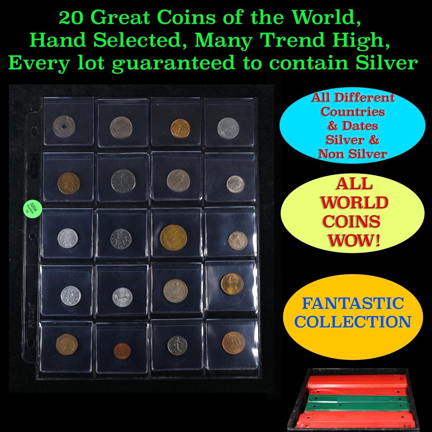 20 Great Coins of the World, hand selected, many trend high, every lot guaranteed to contain Silver.