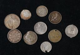 Group of 10 Coins - Showa 32 100 Yen, 2x France 50 Centimes, 1/4 Gulden, 1/4 Bolivar and 50 Centimos