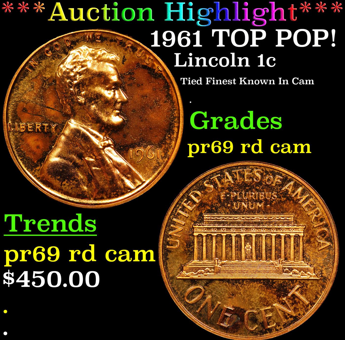 Proof ***Auction Highlight*** 1961 Lincoln Cent TOP POP! 1c Graded pr69 rd cam BY SEGS (fc)