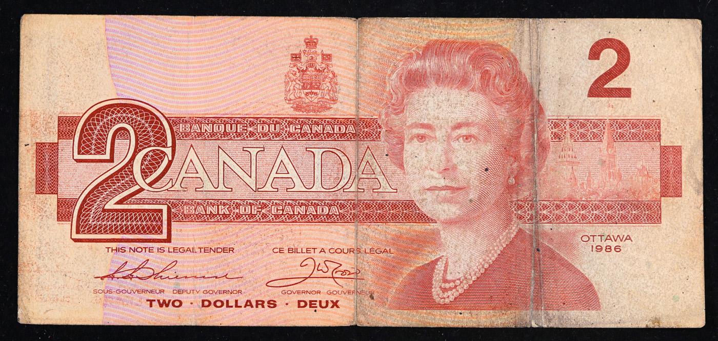 1986 $2 Canada Bankote Grades xf
