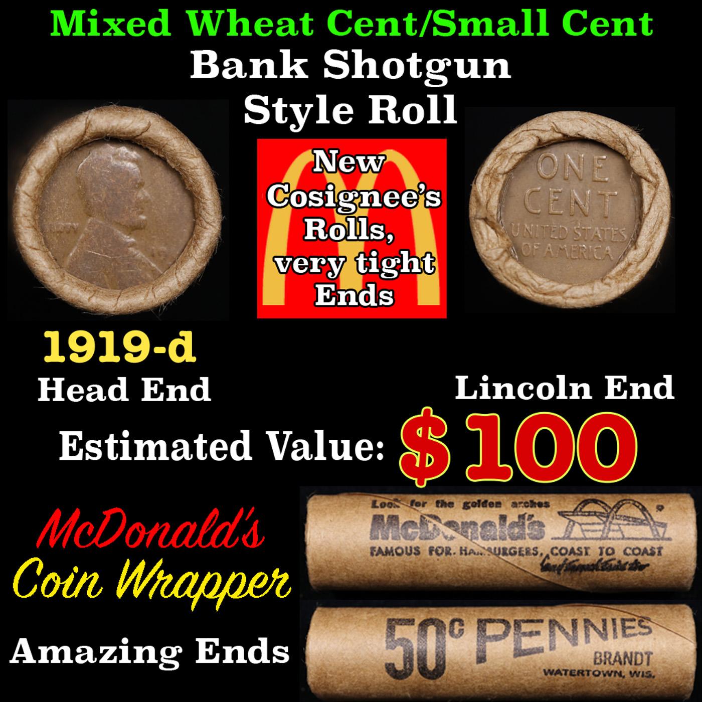 Lincoln Wheat Cent 1c Mixed Roll Orig Brandt McDonalds Wrapper, 1919-d end, Wheat other end