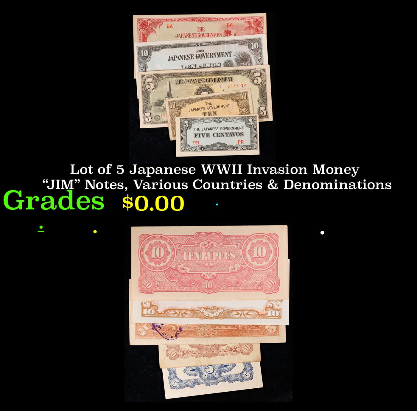 Lot of 5 Japanese WWII Invasion Money "JIM" Notes, Various Countries & Denominations Grades