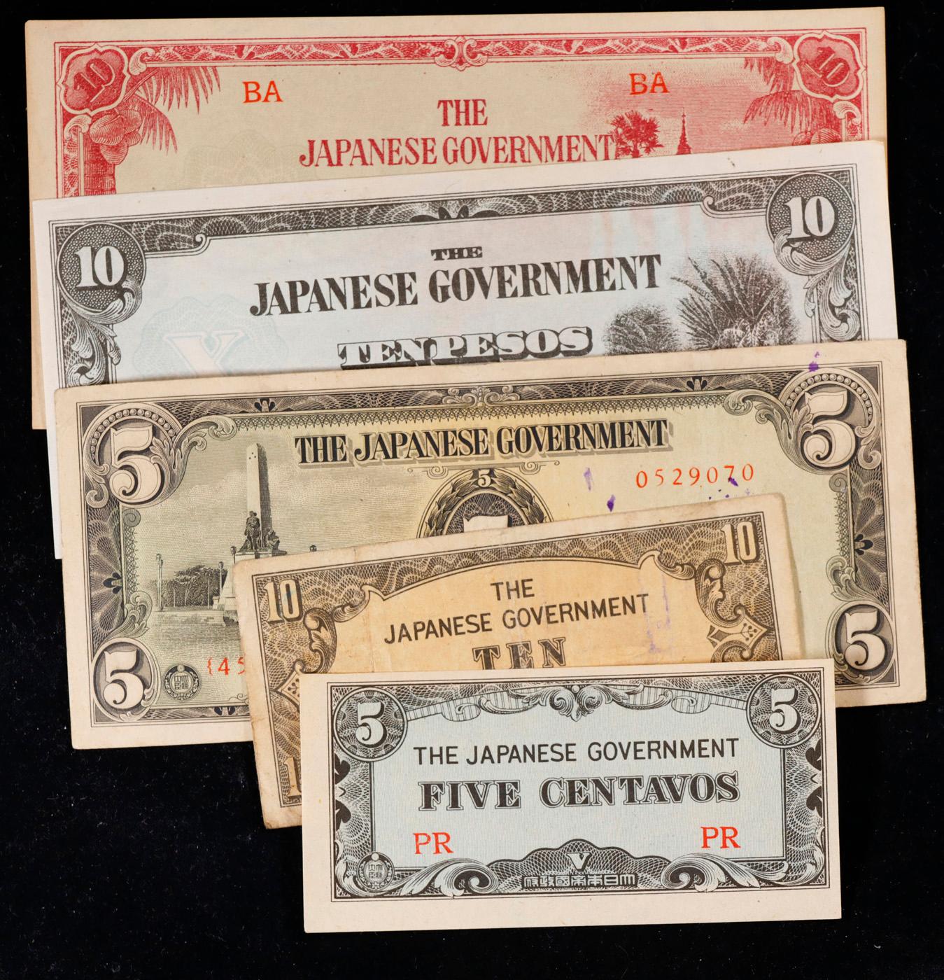 Lot of 5 Japanese WWII Invasion Money "JIM" Notes, Various Countries & Denominations Grades