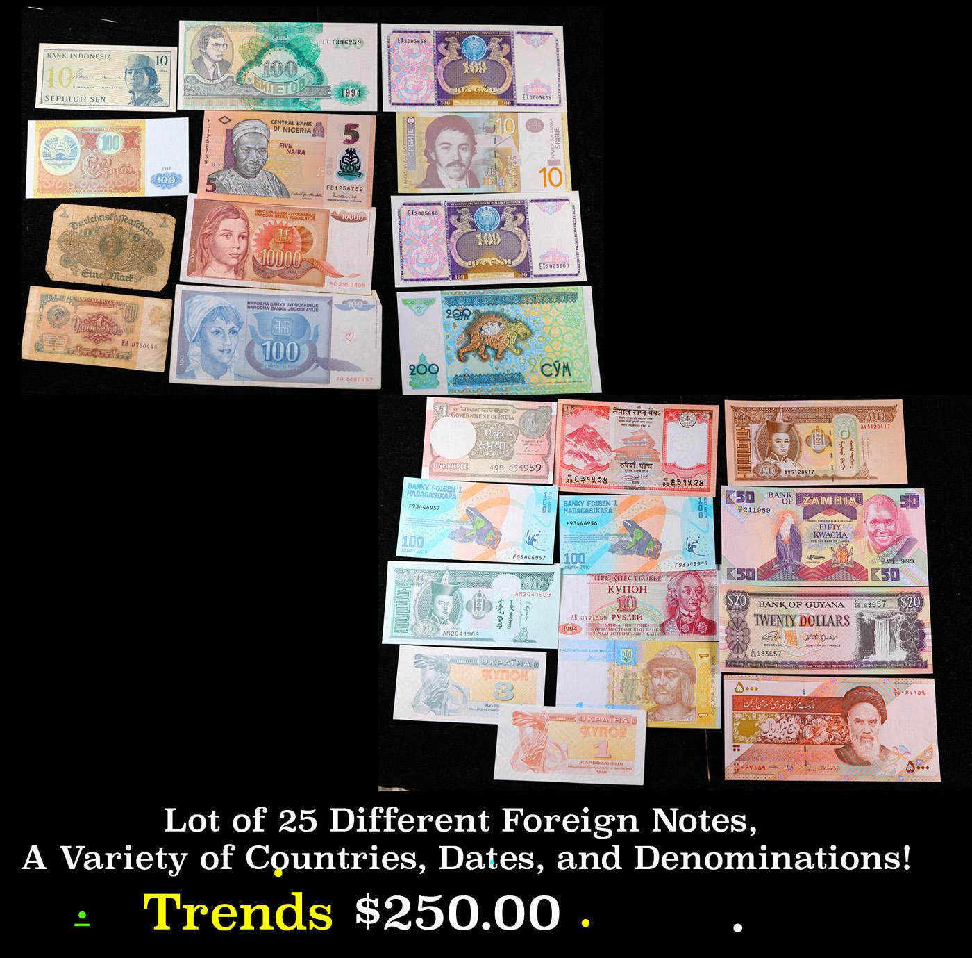 Lot of 25 Different Foreign Notes, A Variety of Countries, Dates, and Denominations!