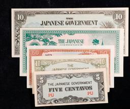 Lot of 5 Japanese WWII Invasion Money "JIM" Notes, Various Countries & Denominations Grades