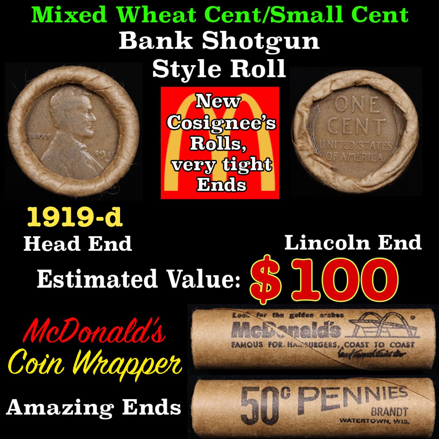 Lincoln Wheat Cent 1c Mixed Roll Orig Brandt McDonalds Wrapper, 1919-d end, Wheat other end