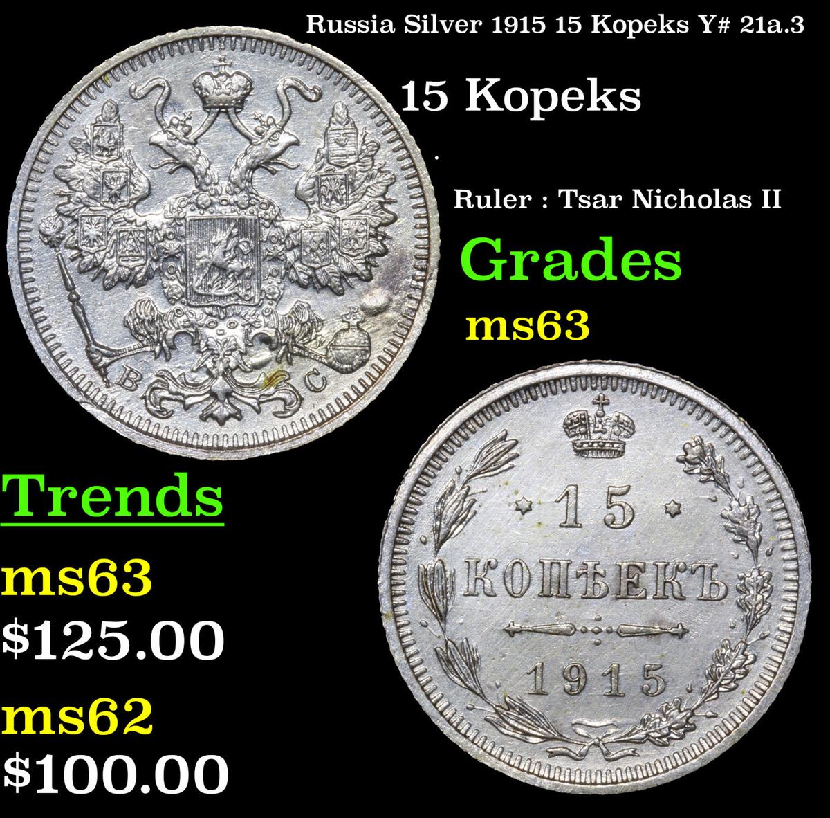 Russia Silver 1915 ?? 15 Kopeks Y# 21a.3 Grades Choice+ Unc