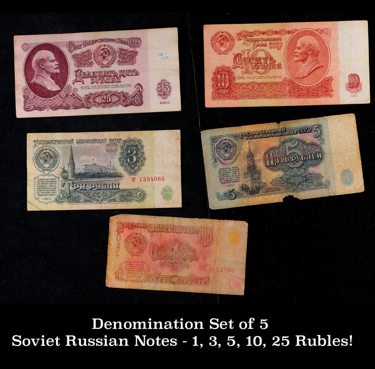 Denomination Set of 5 Soviet Russian Notes - 1, 3, 5, 10, 25 Rubles! Grades