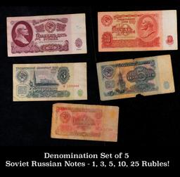 Denomination Set of 5 Soviet Russian Notes - 1, 3, 5, 10, 25 Rubles! Grades