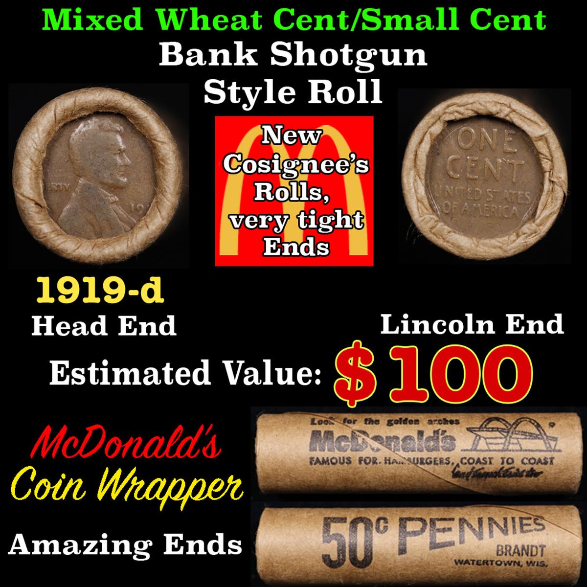 Lincoln Wheat Cent 1c Mixed Roll Orig Brandt McDonalds Wrapper, 1919-d end, Wheat other end