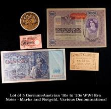 Lot of 5 German/Austrian '10s to '20s WWI Era Notes - Marks and Notgeld, Various Denominations! Grad